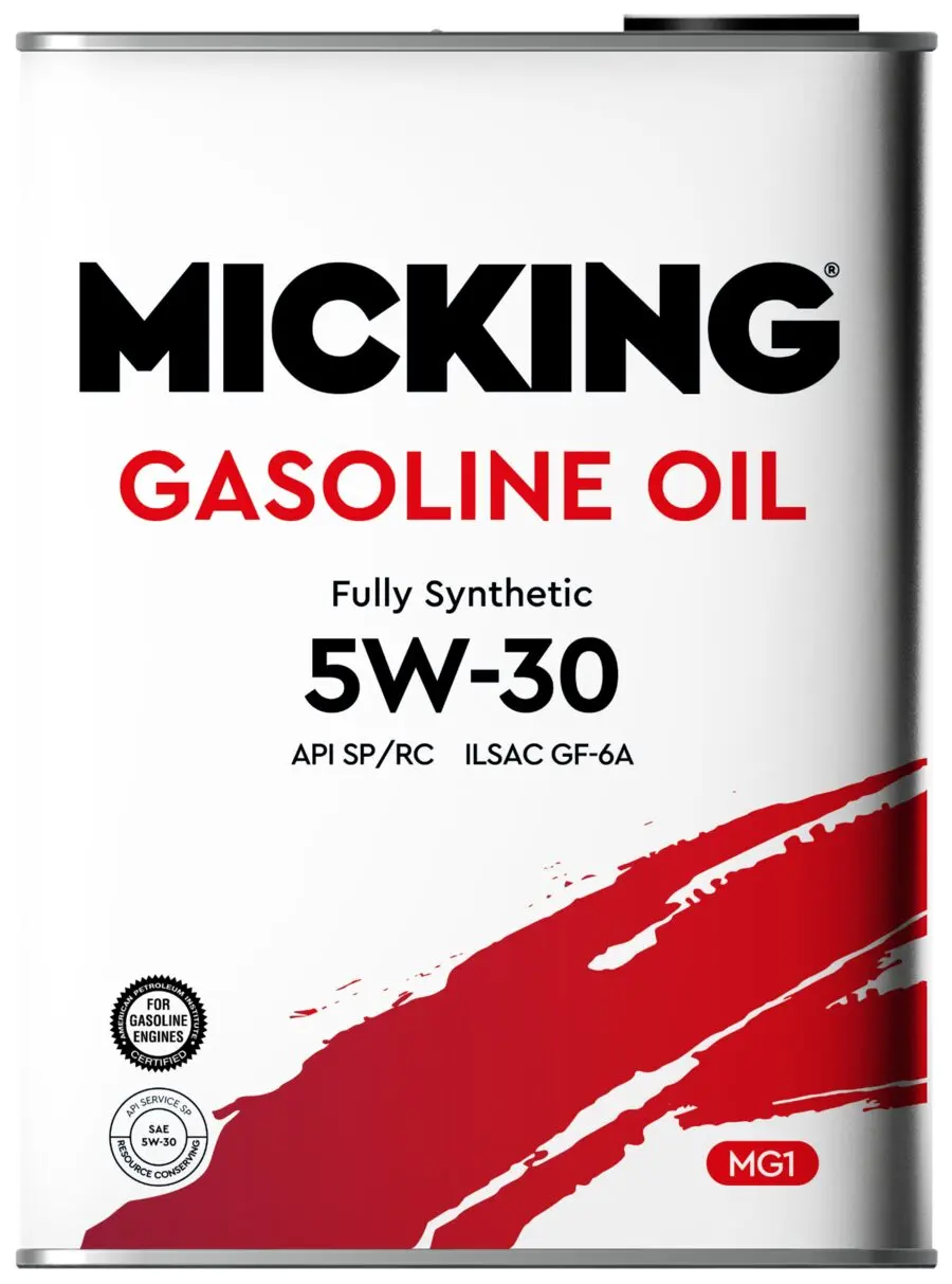 Финальная банка бензиновой линейки MICKING Gasoline Oil 5W-30: белый металл, черный логотип, красный штрих