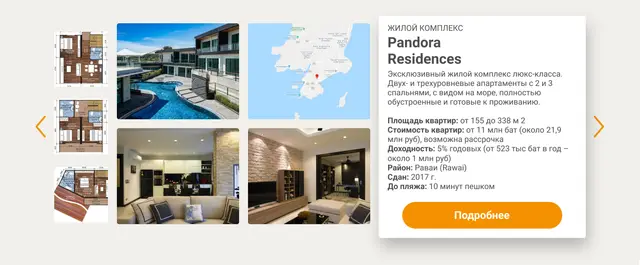 Слайдер проектов с карточкой Pandora Residences и картой