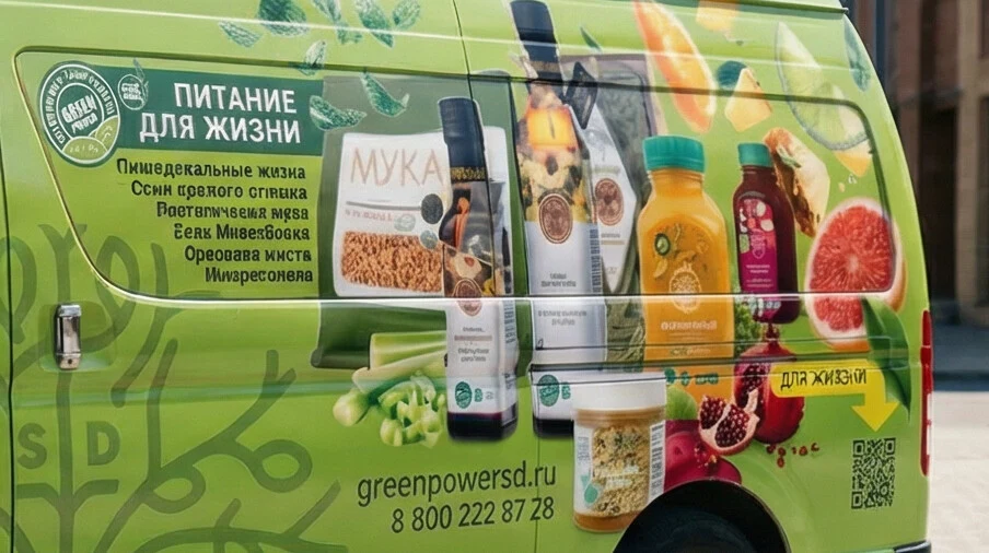 Фрагмент борта фургона Green Power после печати и поклейки