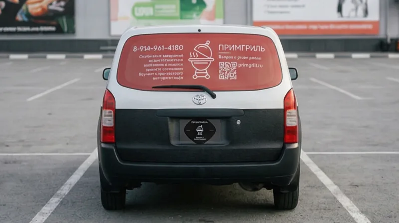 Примгриль — корма, телефон и QR на заднем стекле